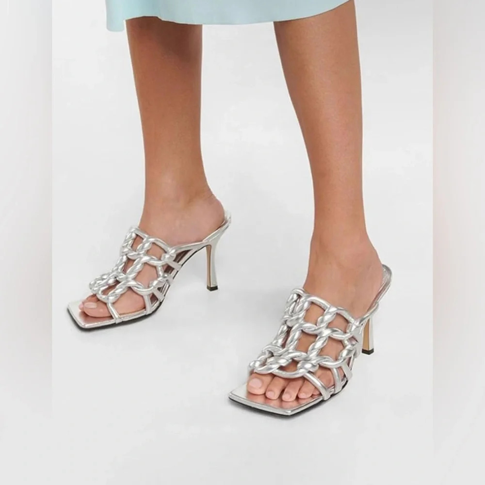 Goolita Metallic Braided Sandals Open Toe Stiletto Mule Heels Sexy Backless
